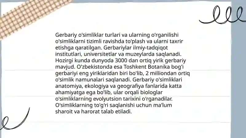 Tabiiy fanlar nazariyasi gerbariy o'simlik hayvonot olami xarita sxemasi ekologik madaniyat 4