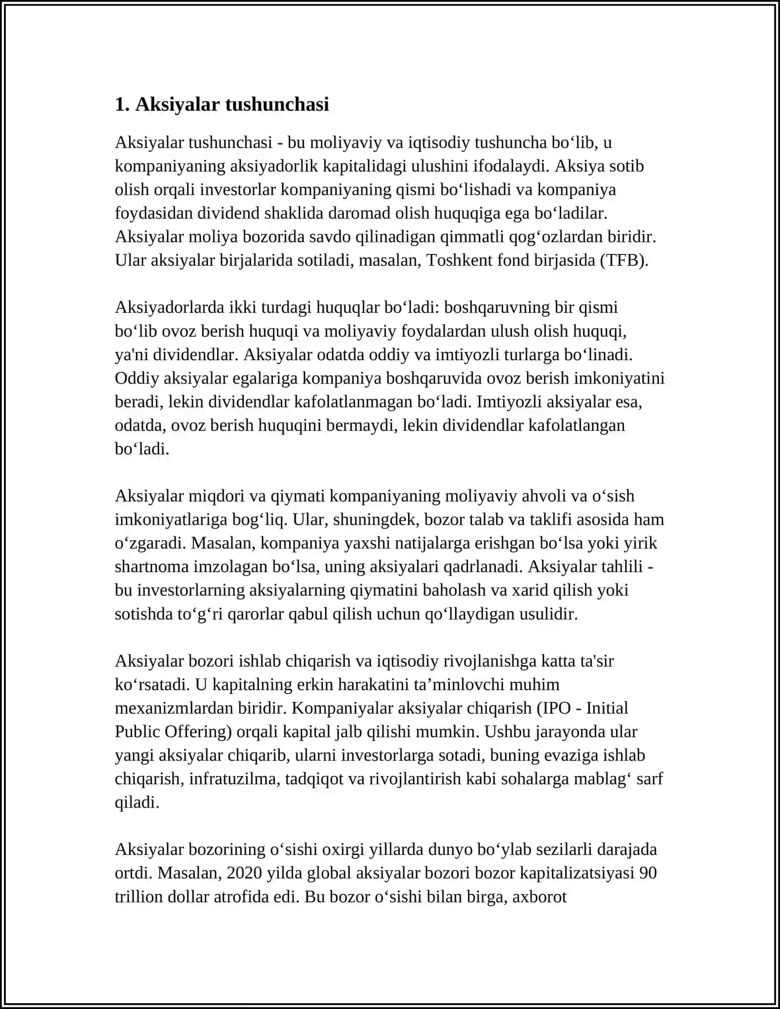 AKSIYALAR HAQIDA TUSHUNCHA, ULARNING XUSUSIYATLARI 4