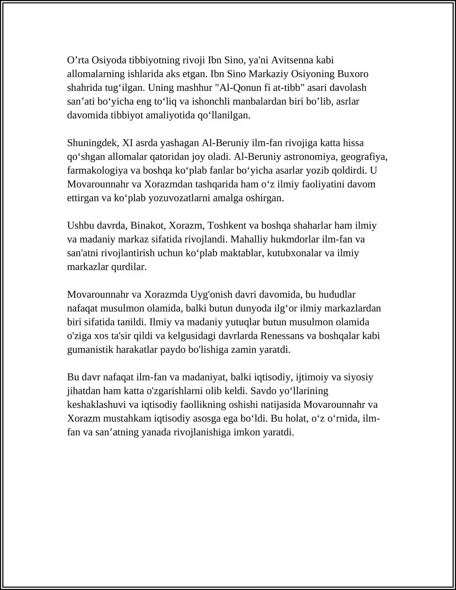 IX-XII ASRLARDA MAMLAKATIMIZ HUDUDIDA RO'Y BERGAN MADANIY UYG'ONISH (RENESSANS). BUYUK ALLOMALARNING JAHON SIVILIZATSIYASIGA QO'SHGAN HISSASI 4