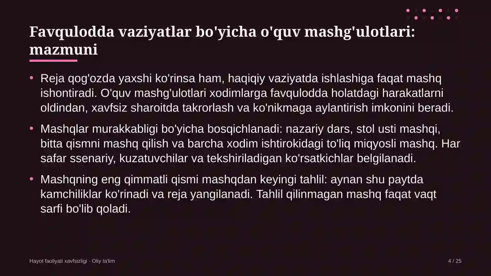 Hayot faoliyati xavfsizligi · Oliy ta'lim 4