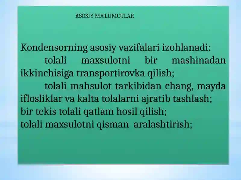 Kondensorishchi parametrlarini tanlash va o‘rnatish 4