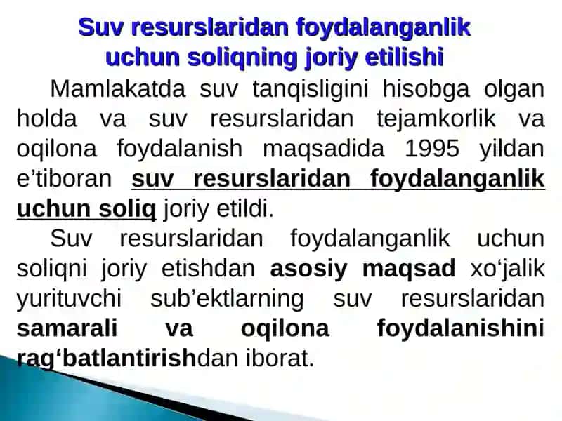 SUV RESURSLARIDAN FOYDALANGANLIK UCHUN SOLIQ 4