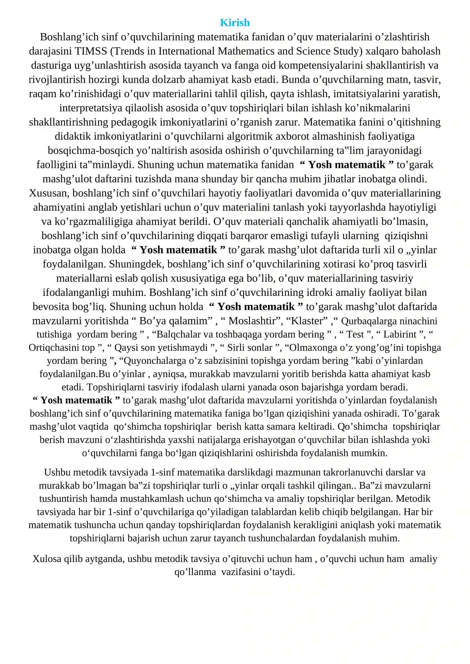 1-sinf Matematika fanidan to'garak konspekt 4