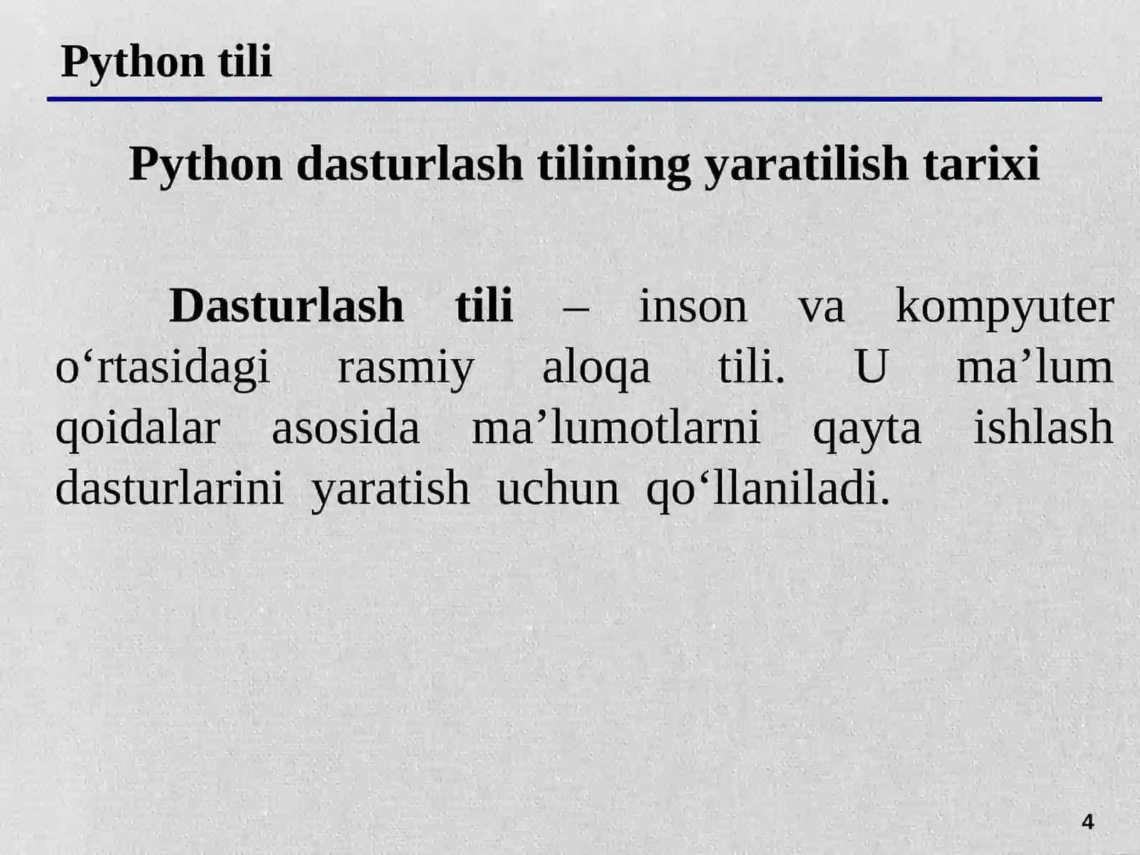 ZAMONAVIY DASTURLASHTIRISH TILLARI FANIDAN TAYYORLAGAN TAQDIMOTI 4