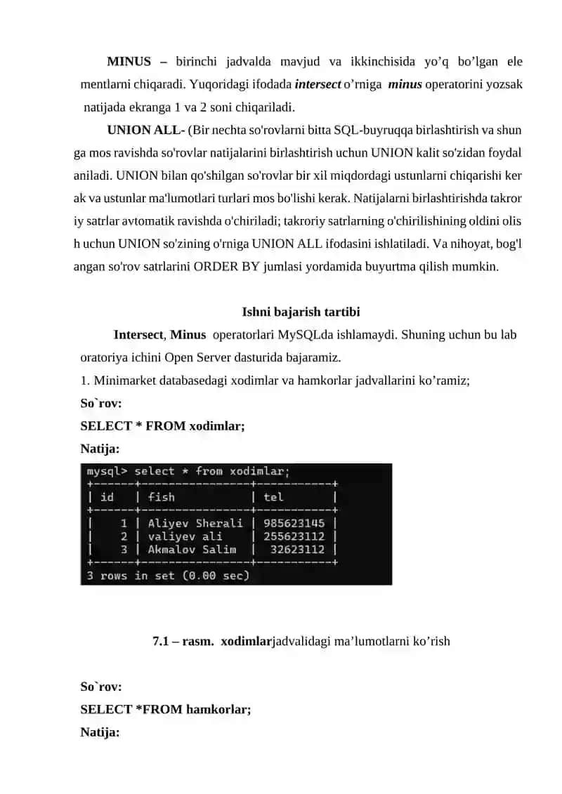 UNION, INTERSECT va MINUS 4