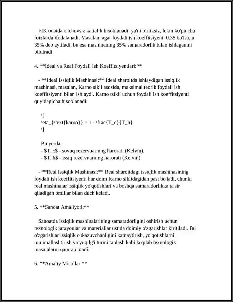 Issiqlik mashinalarining foydali ish koeffitsiyenti. Karno Sikli 4