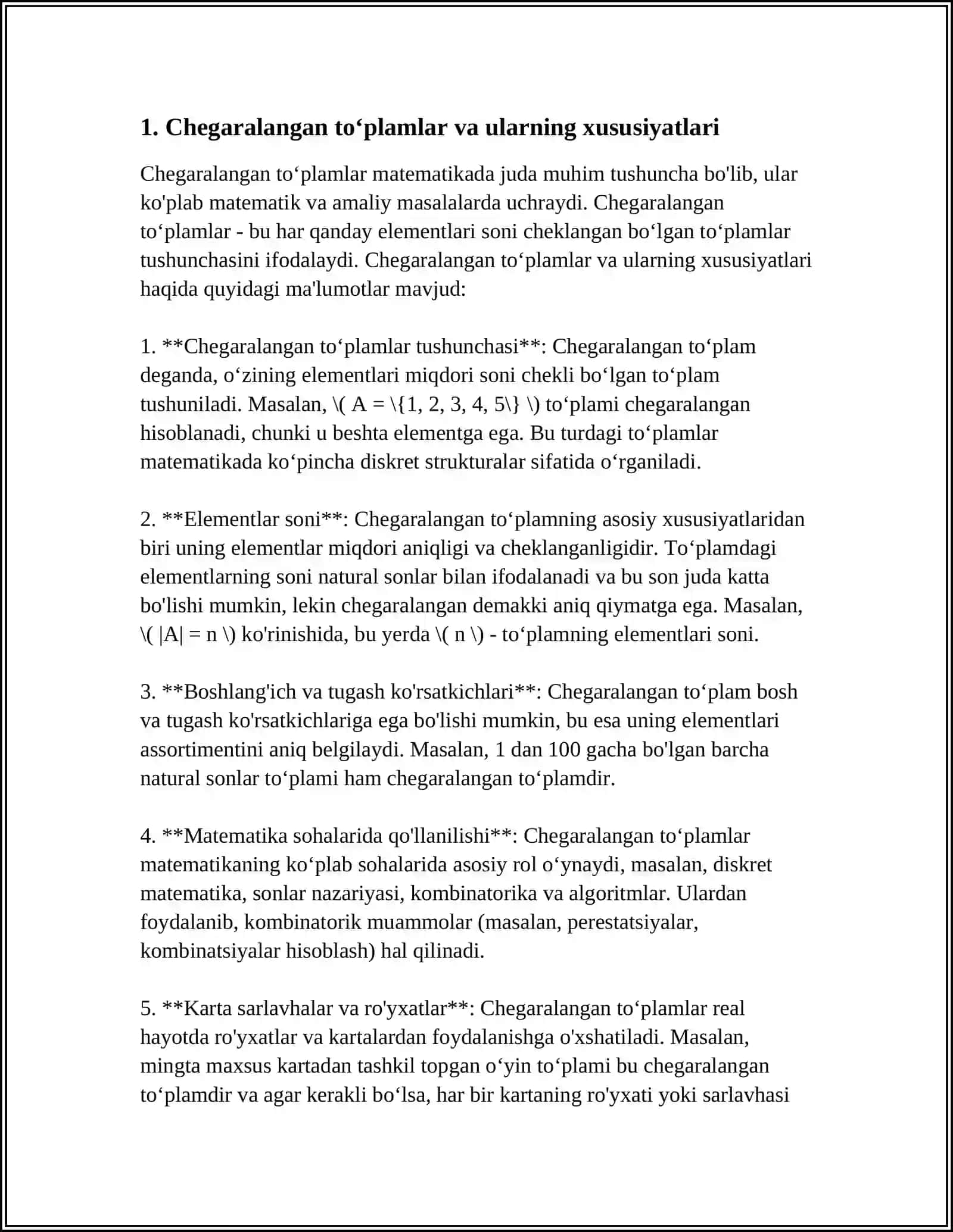CHEGARALANGAN TOʻPLAMNING ANIQ CHEGARALARI,VA ULAR HAQIDA TEOREMA LAR,MATEMATIK INDUKSIYA USULI VA NYUTON BINOMI 4