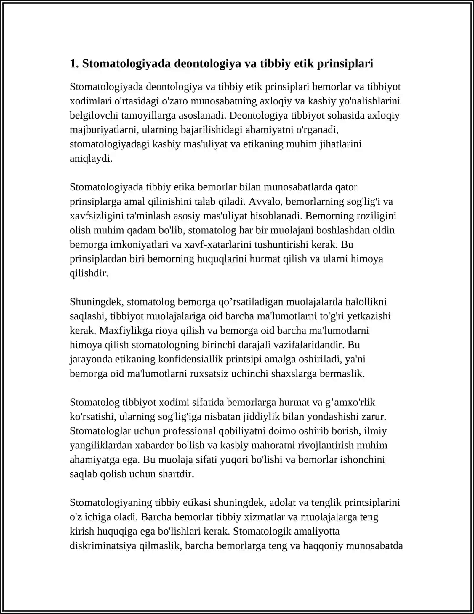 STAMATALOGIYADA DEONTALOGIYA VA TIBBIY ETIKA.XALQARA TIBBIY ETIKA KODEKSI. TIBBIYOT XODIMLARI VA BEMORLAR OʻRTASISAGI OʻZARO MUNOSABATLARNING XUSUSIYATLARI 4