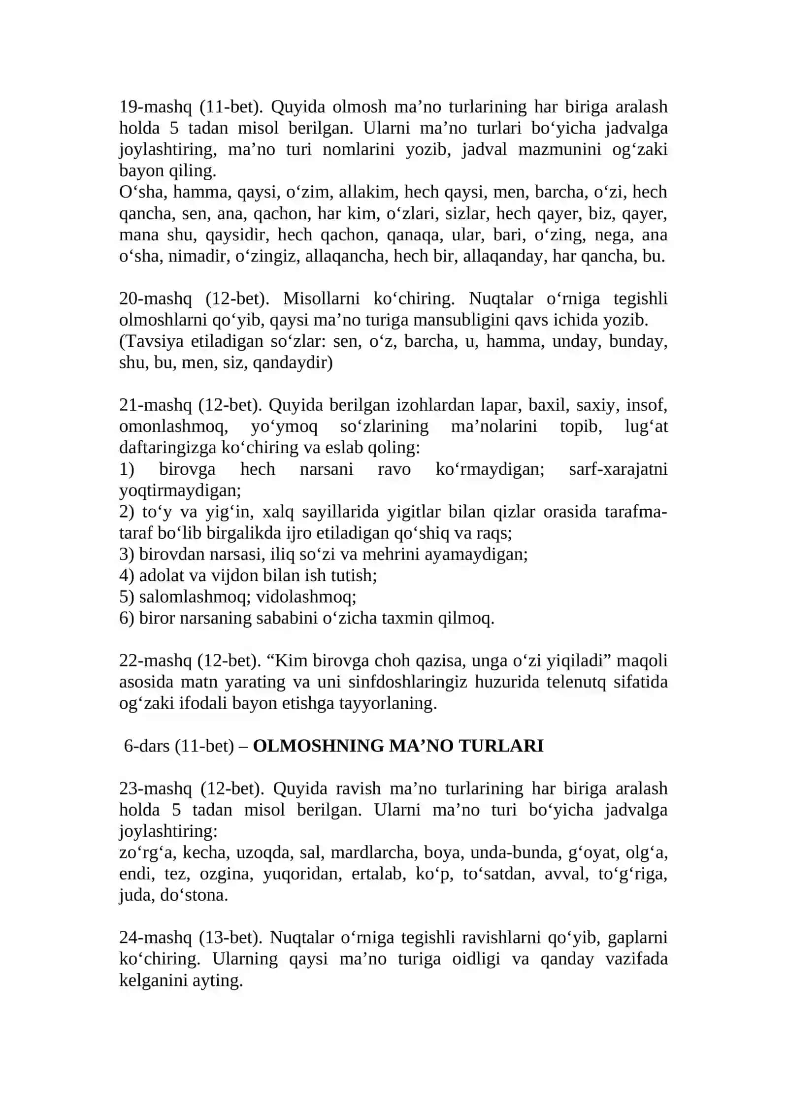 SINF ONA TILI DARSLIGIDAGI MASHQLAR 4