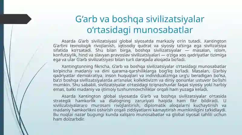 S. Xantingtonning “Sivilizatsiyalar to‘qnashuvi” asarini o‘qish va mohiyati 4