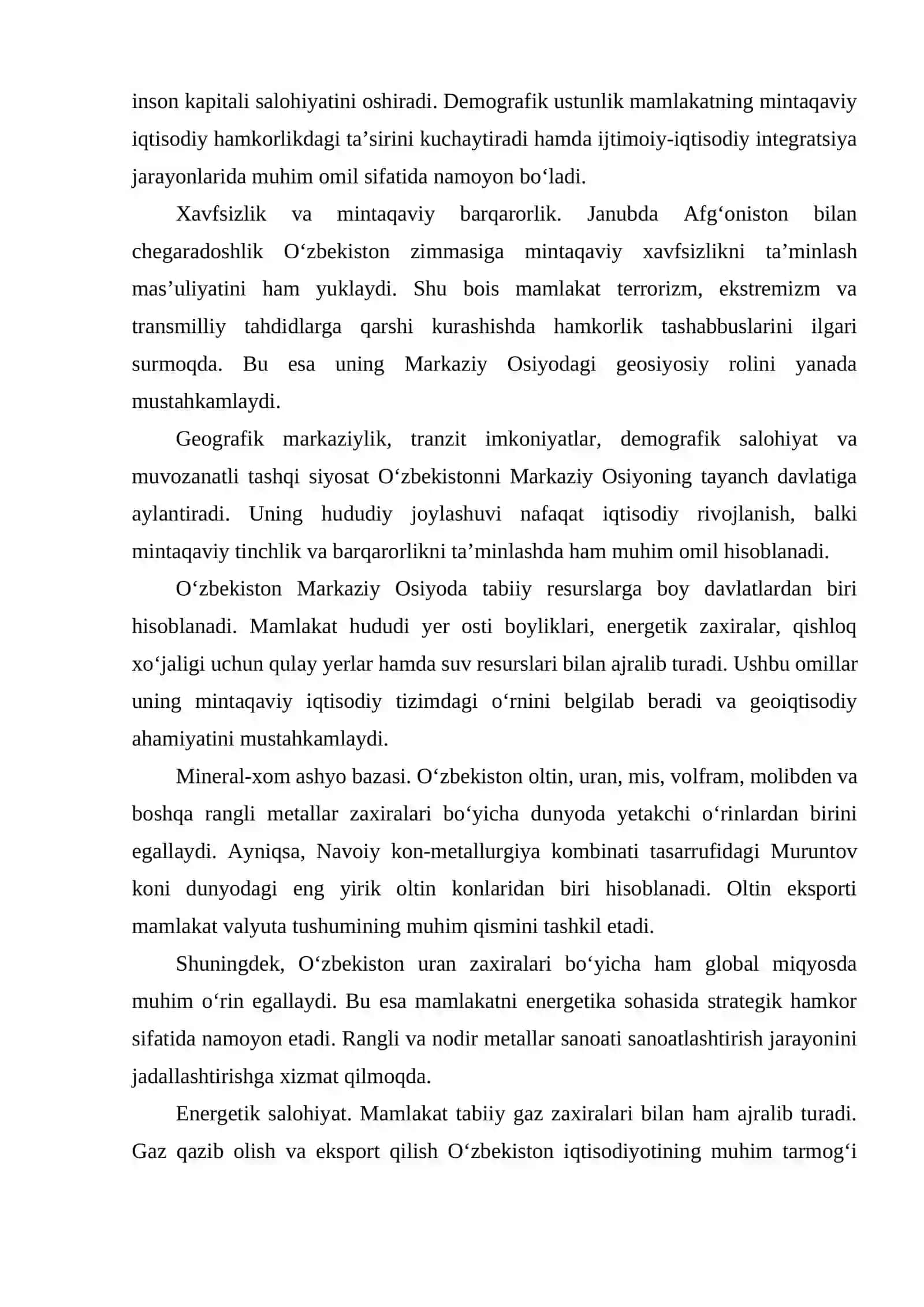 O‘ZBEKISTONNING MARKAZIY OSIYO MINTAQASIDAGI O’RNI VA AHAMIYATI 4