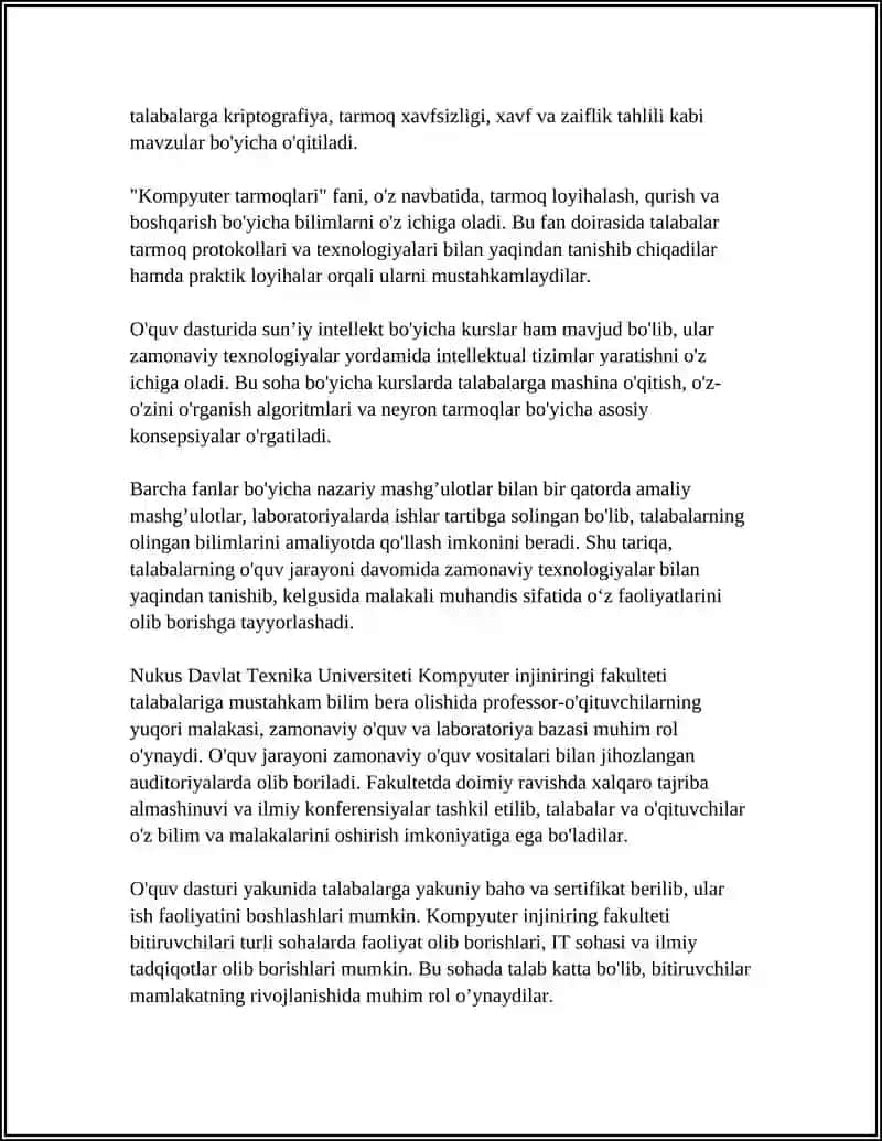 NUKUS DAVLAT TEXNIKA UNIVERSITETI, KOMPYUTER INJINIRING 4