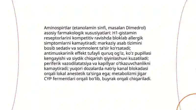 Aminospirtlar, Dimedrol, Xolin, Xolamin, Asetilxolin, Adrenalin 4