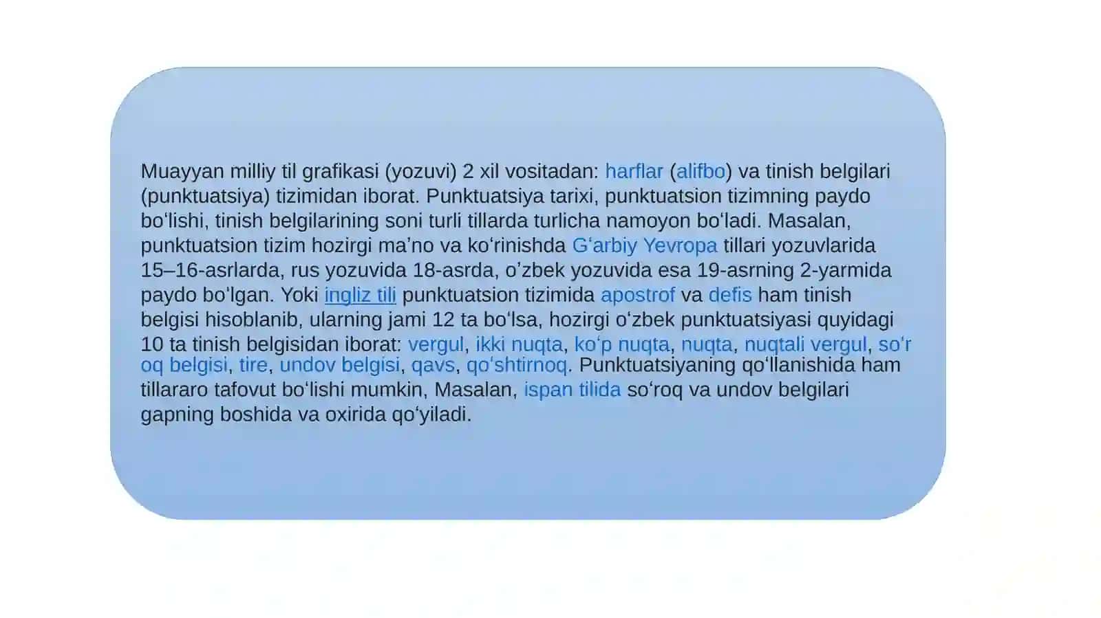 O’ZBEK TILINING TINISH BELGILARI, ULARNI MATNDA QO’LLASH HAQIDA TUSHUNCHA 4