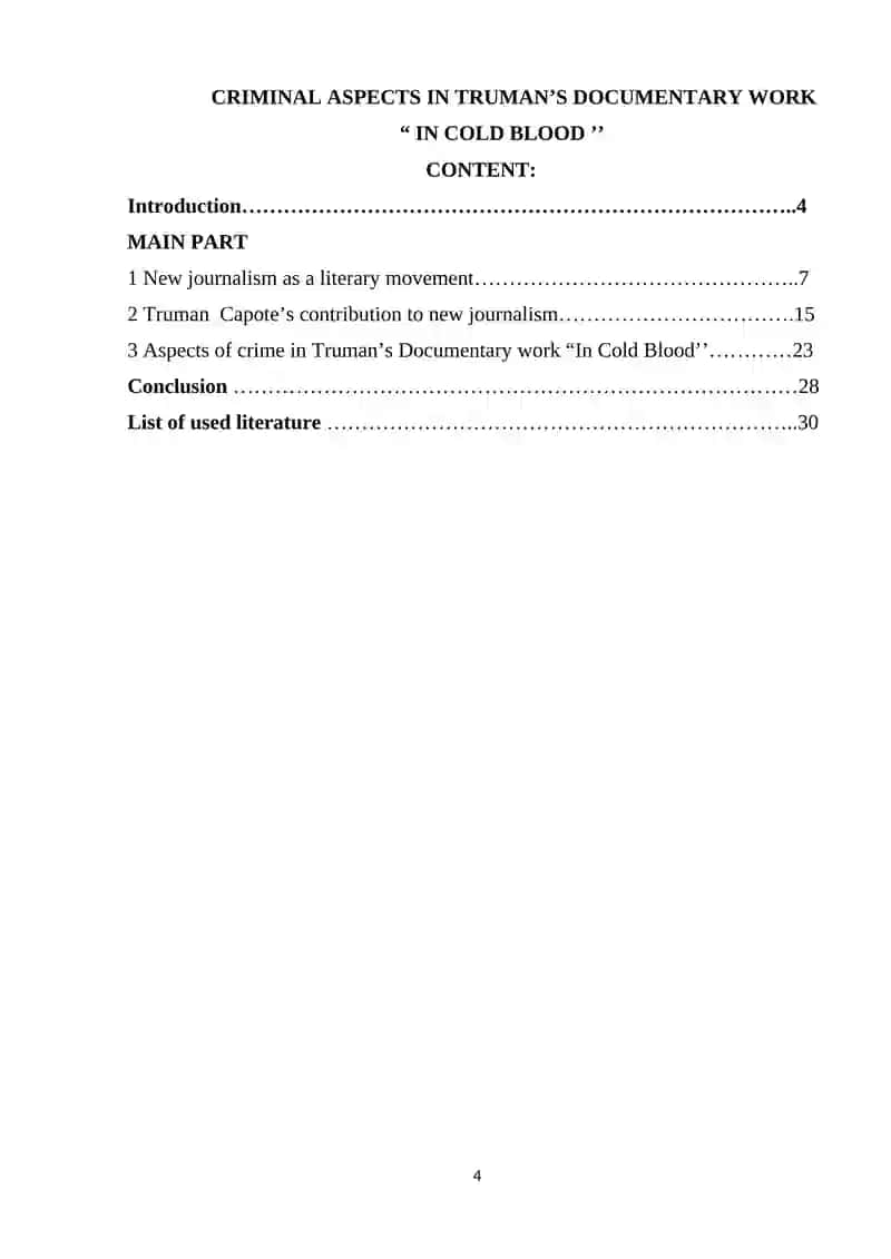 Course paper "CRIMINAL ASPECTS IN TRUMAN’S DOCUMENTARY WORK ‘IN COLD BLOOD’" 4