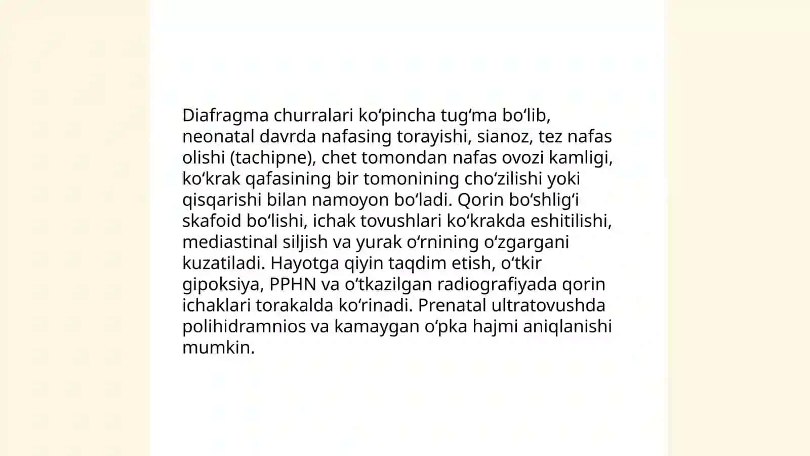 Bolalar xirurgiyasida Diafragma tug‘ma churralari.Me’da va 12-barmoqli ichak tug‘ma o‘tuvchanligini buzilishlari (ichak tizimini yuqori tug‘ma tutilishi). Ichak tizimini quyi tug‘ma tutilishi 4