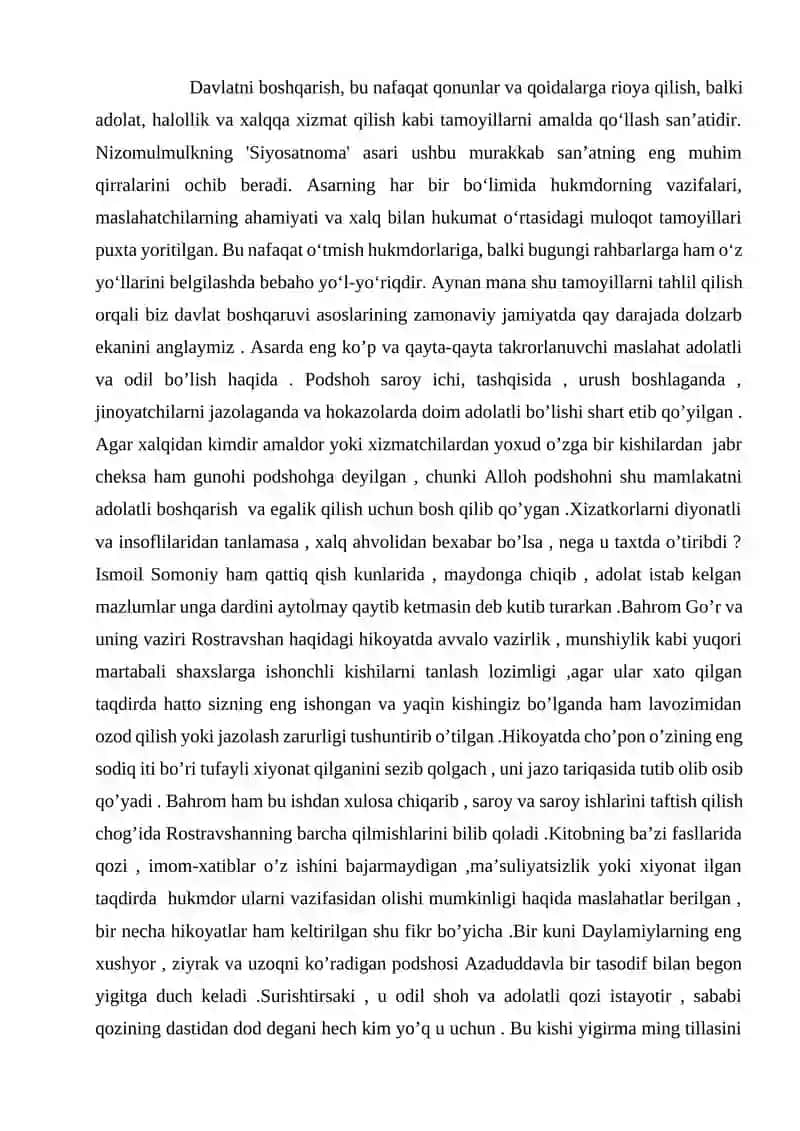 Nizomulmulkning ''Siyosatnoma''asari uchun esse. 4