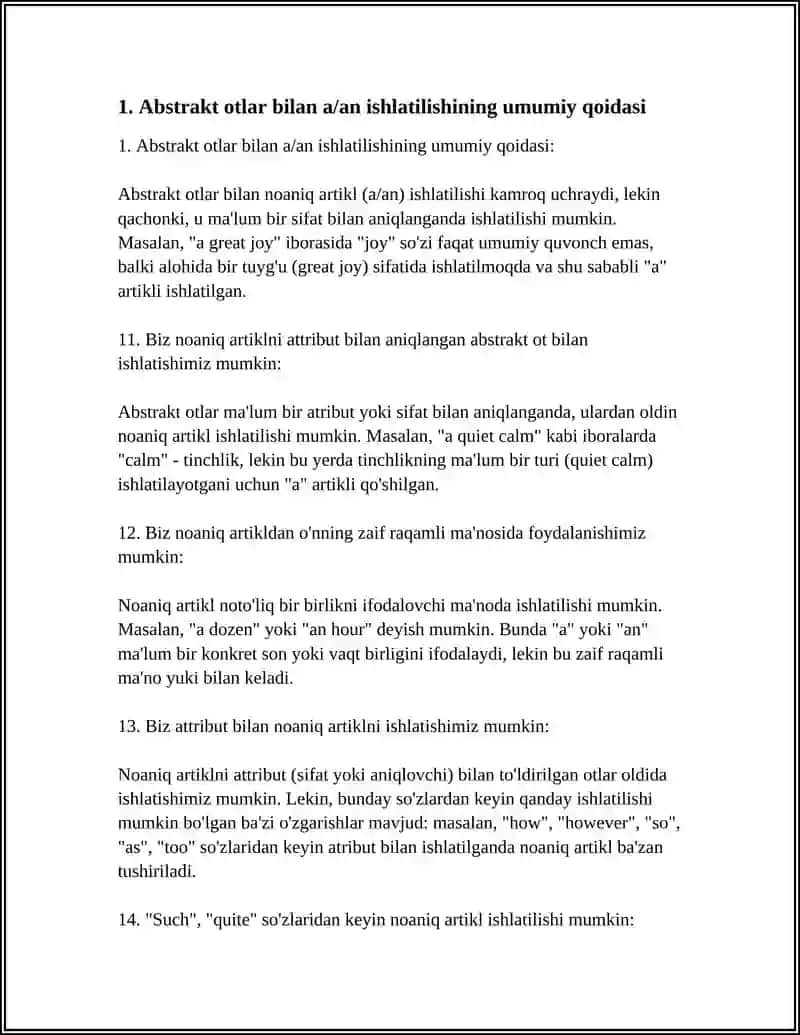 Abstrakt otlar bilan a/an ishlatilishining umumiy qoidasi 4