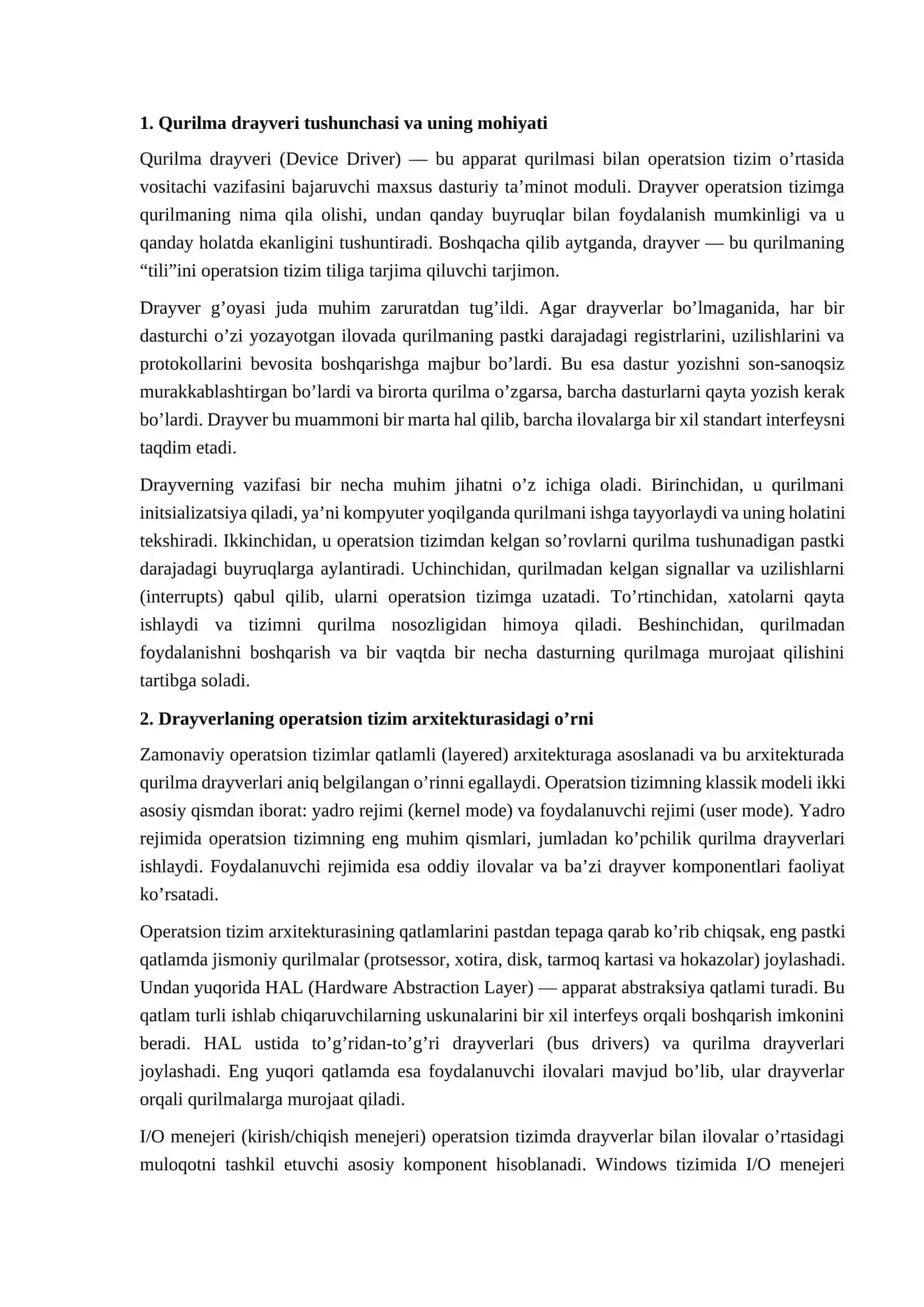 Qurilma drayverlari va ularning operatsion tizimdagi o’rni 4