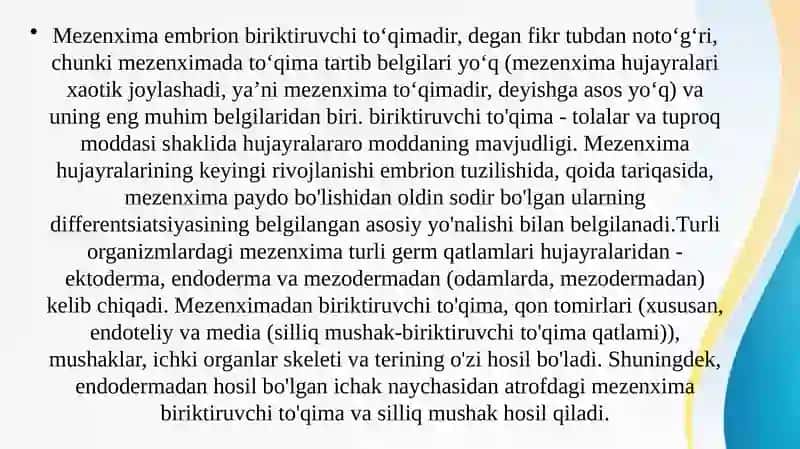 Mezenximato’qimasivauning vazifasi 4