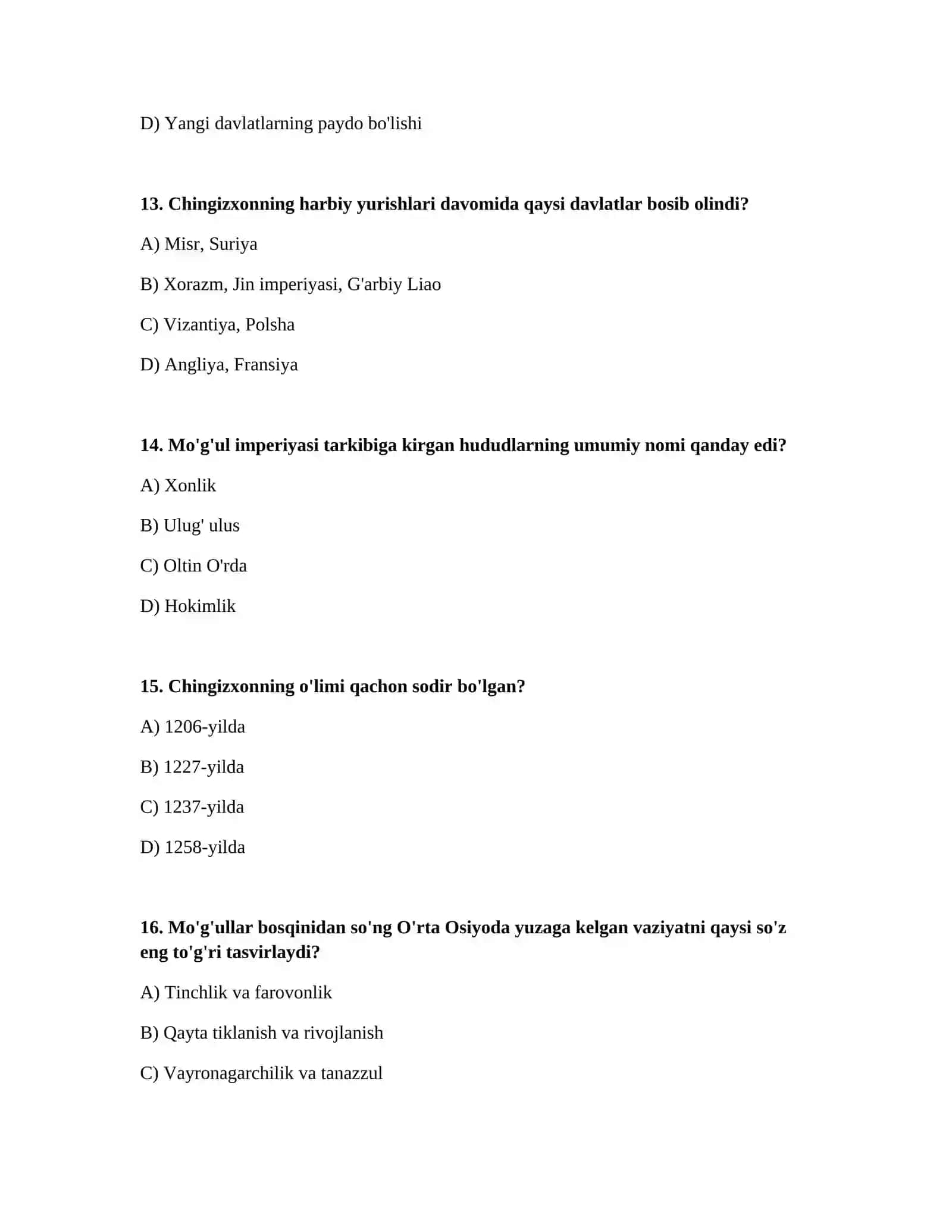 Markazlashgan mo'g'ul davlatining tashkil topilishi, ochiq test 4