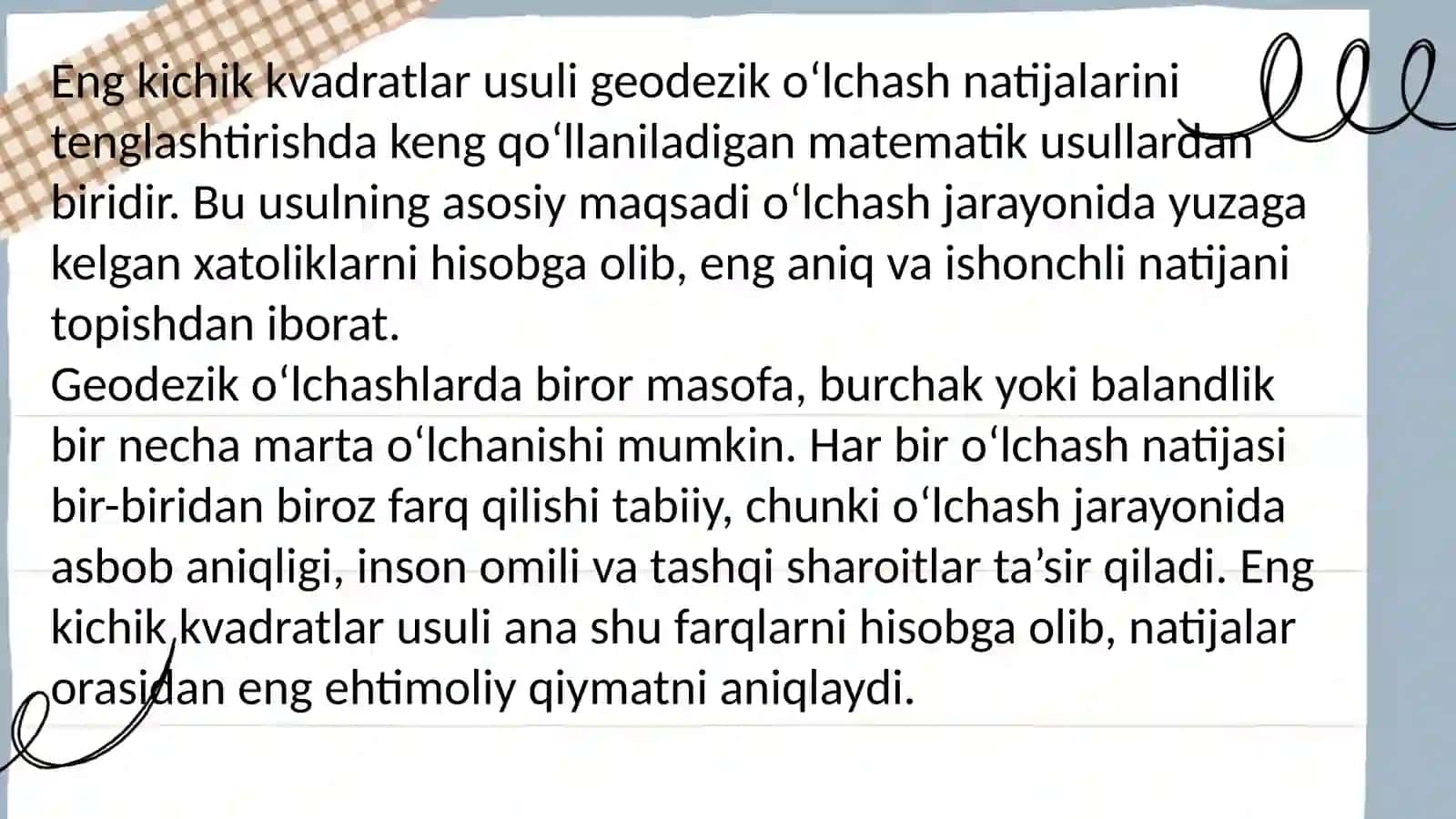Ko‘prik va yo‘l inshootlarida geodezik o‘lchash natijalarini tenglashtirish usullari 4