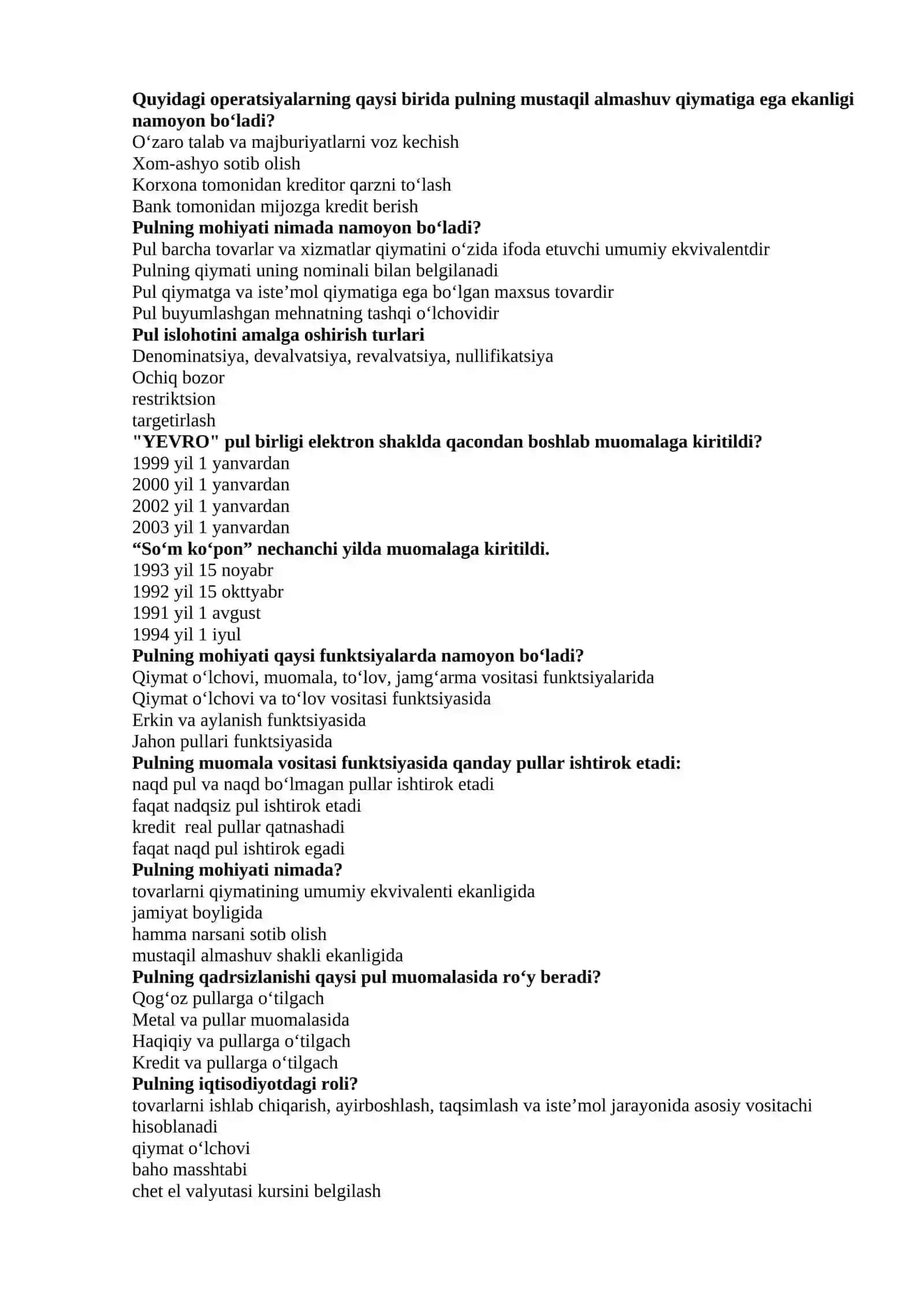 “PUL VA BANKLAR” FANIDAN TEST SAVOLLARI 4