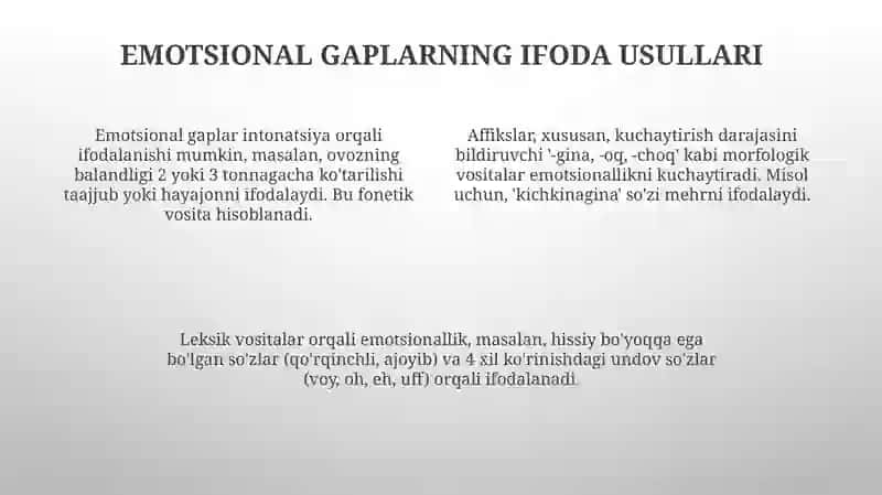 Hozirgi o'zbek adabiy tilidagi ma'noli gapning emotsionallik ko'raturlari 4