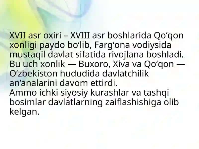 Oʻzbekistonning davlatchilik tarixi (XVII asrdan Yangi Oʻzbekiston davlatchiligigacha) 4