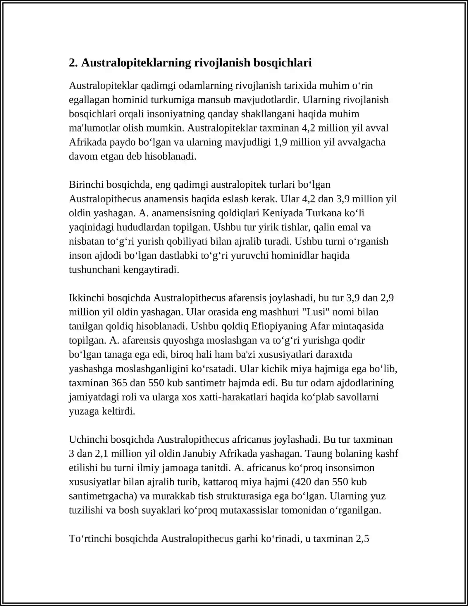 Australopiteklarning rivojlanish bosqichlari 4