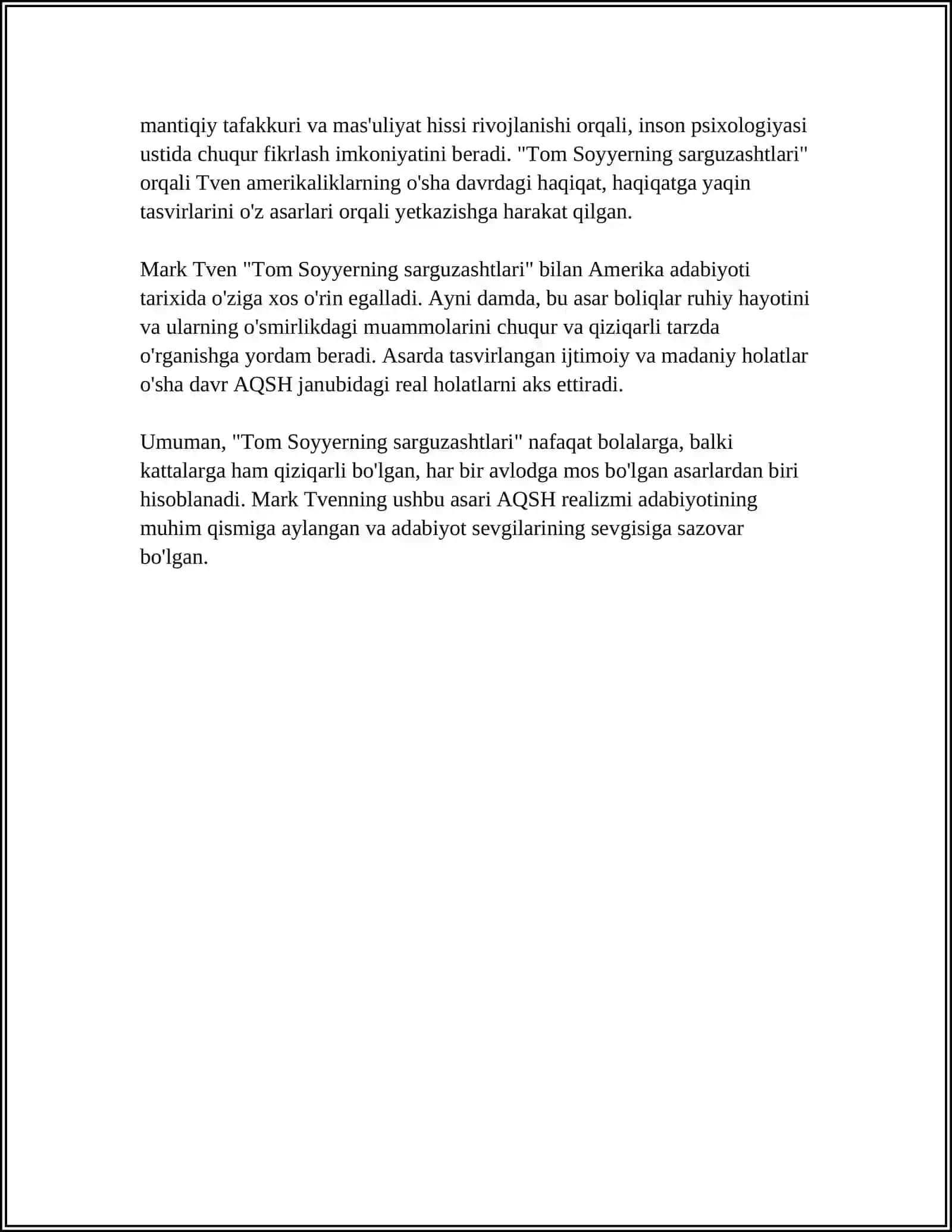 AQSH REALIZM ADABIYOTI.MARK TVENNING "TOM SOYYERNING SARGUZASHTLARI"ASARI 4