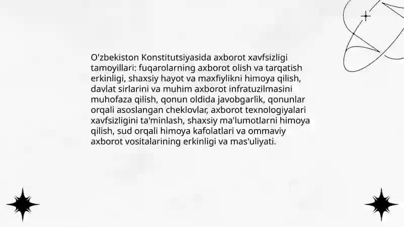 O'zbekistonda axborot xavfsizligining ma'naviy va huquqiy asoslari ularning huquqiy xujjatlardagi ifodasi 4