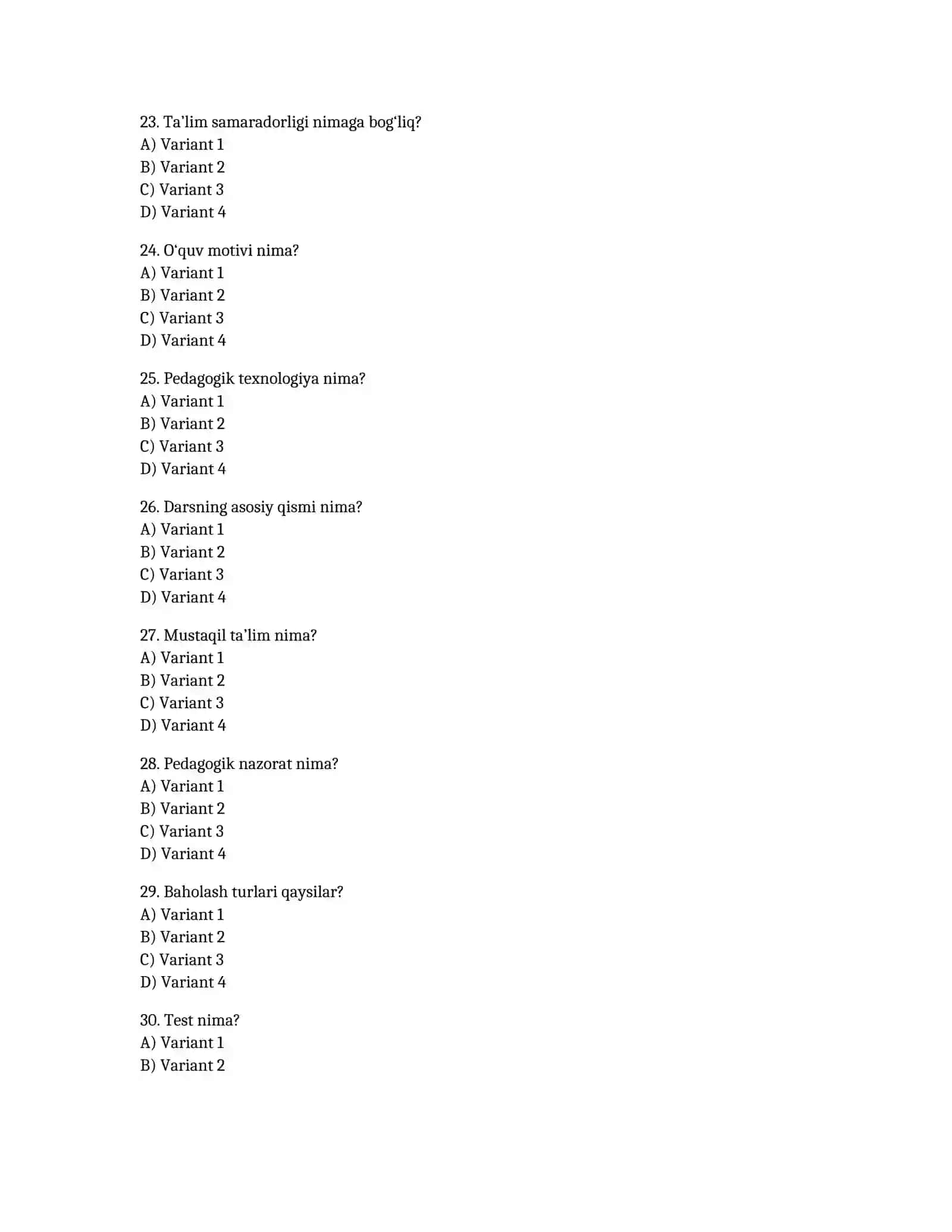Pedagogika fanidan testlar to‘plami (50 ta savol) 4