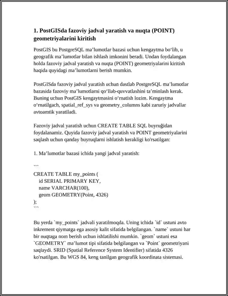 PostGISda nuqtalar, chiziqlar va k�purchaklarni yaratish va manipulyatsiya qilish 4