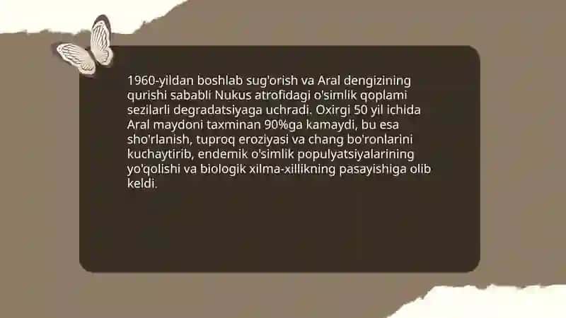 Orol fojiasi natijasida tuproq, florasi, faunasi zarar ko'rgan hududlar 4