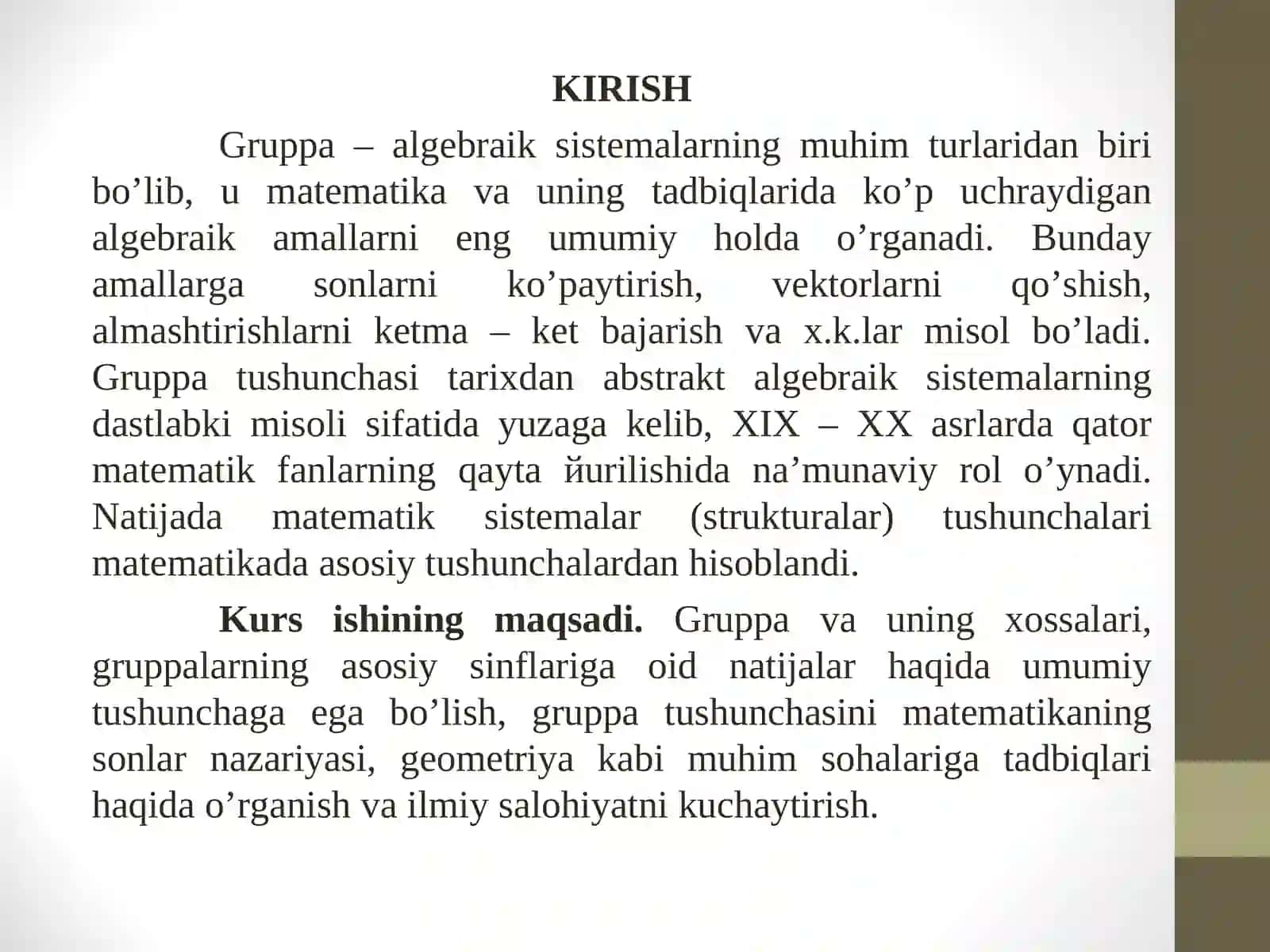 Gruppavauning xossalari KURS ISHI 4
