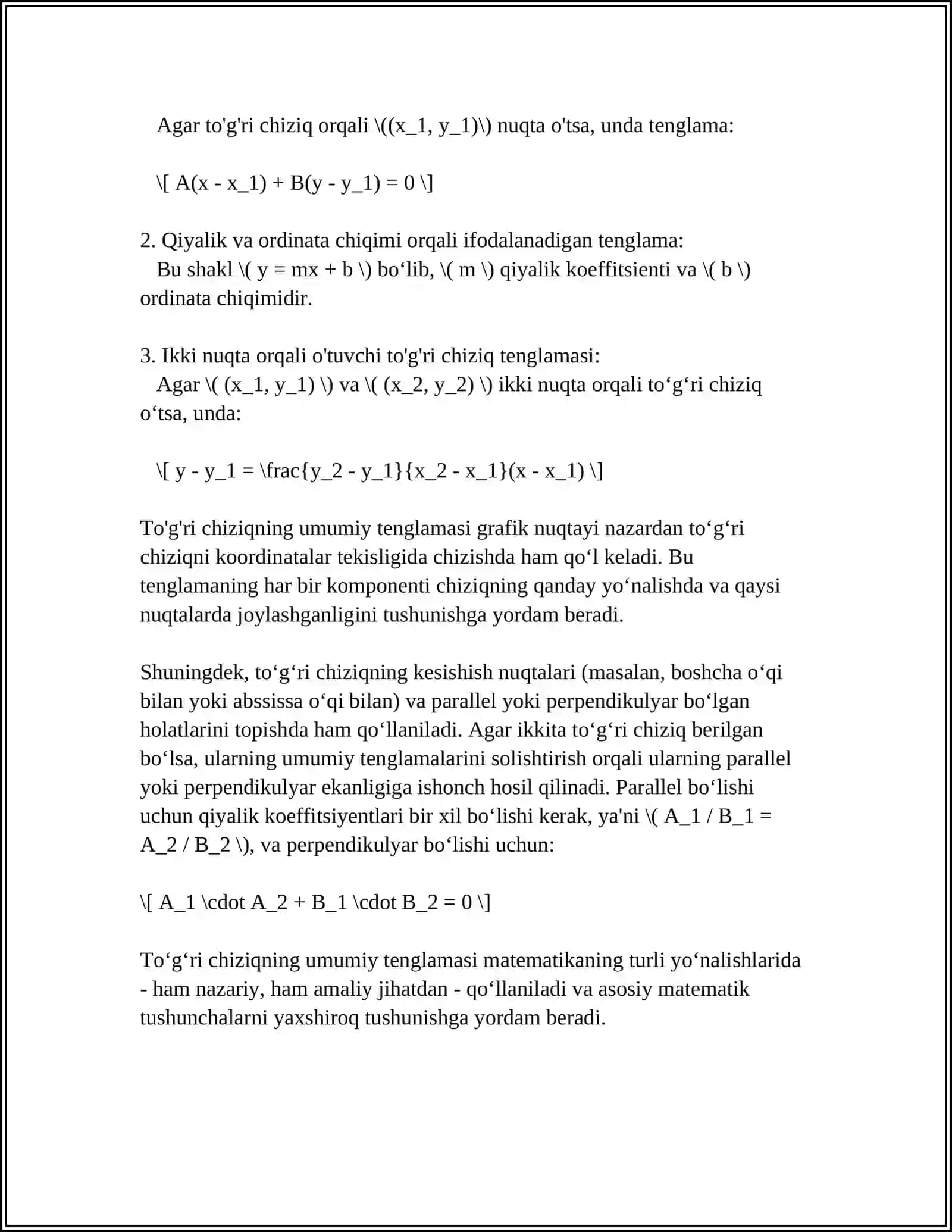TEKISLIKDA TO'G'RI CHIZIQNING TURLI TENGLAMALARI 4