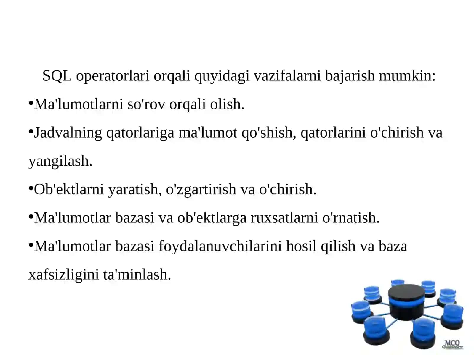SQL tili. SQL operatorlarini yozish, SQL tilida standart funksiyalar. 4