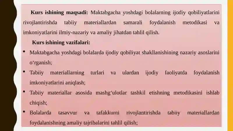 MAKTABGACHA YOSHDAGI BOLALARNING IJODIY QOBILIYATLARINI RIVOJLANTIRISH UCHUN TABIIY MATERIALLARDAN FOYDALANISH 4