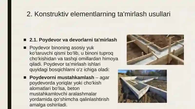 Turar joy binolarining konstruktiv elementlari va muhandislik jihozlarini tamirlash 4