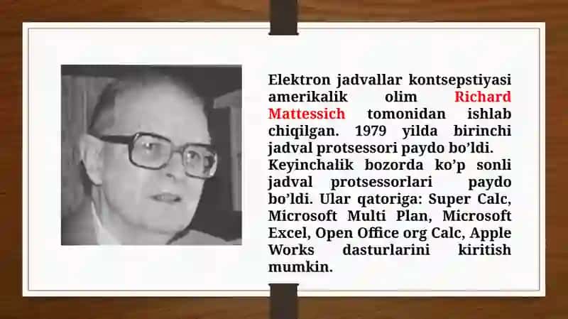 Elektron jadval muharrirlari. MS Excel dasturi (TAQDIMOT) 4