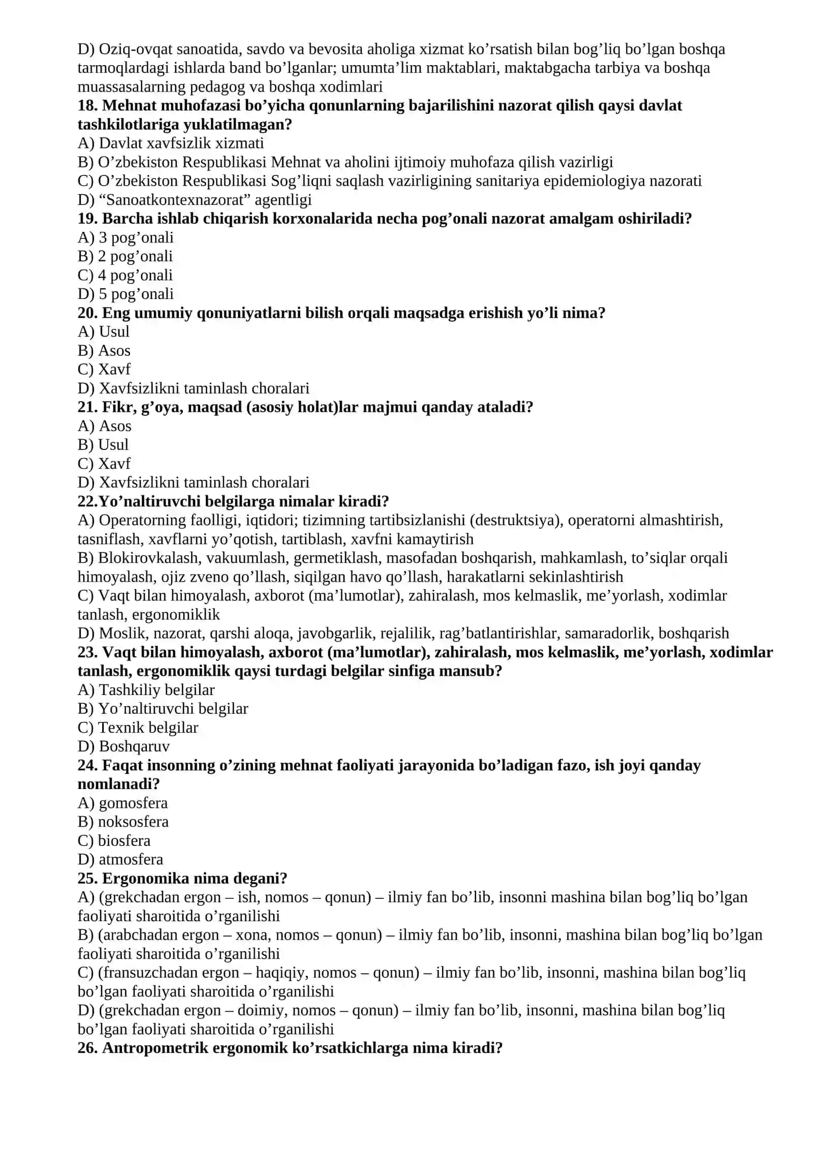 HAYOT FAOLIYATI XAVFSIZLIGI testlar 4