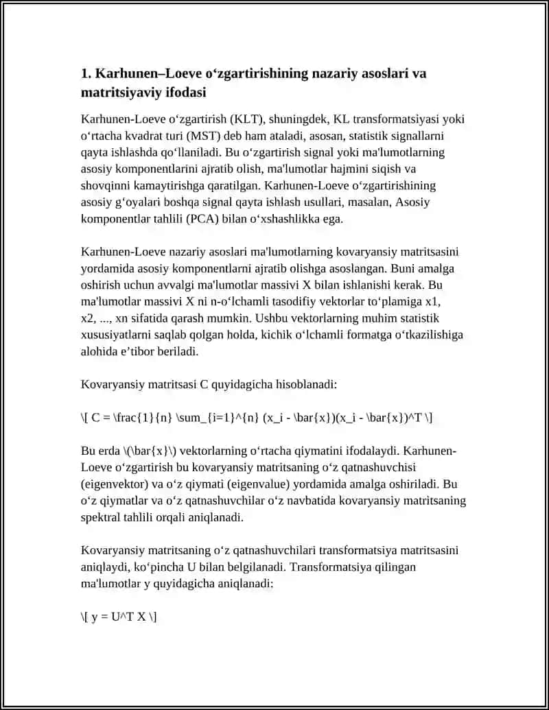 KARHUNEN–LOEVE O‘ZGARTIRISHINI DSP’DA AMALIY QO‘LLASH 4