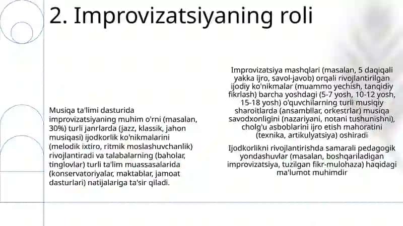 Musiqa talimida ijodiy malaka xaqida ma'lumot bering 4