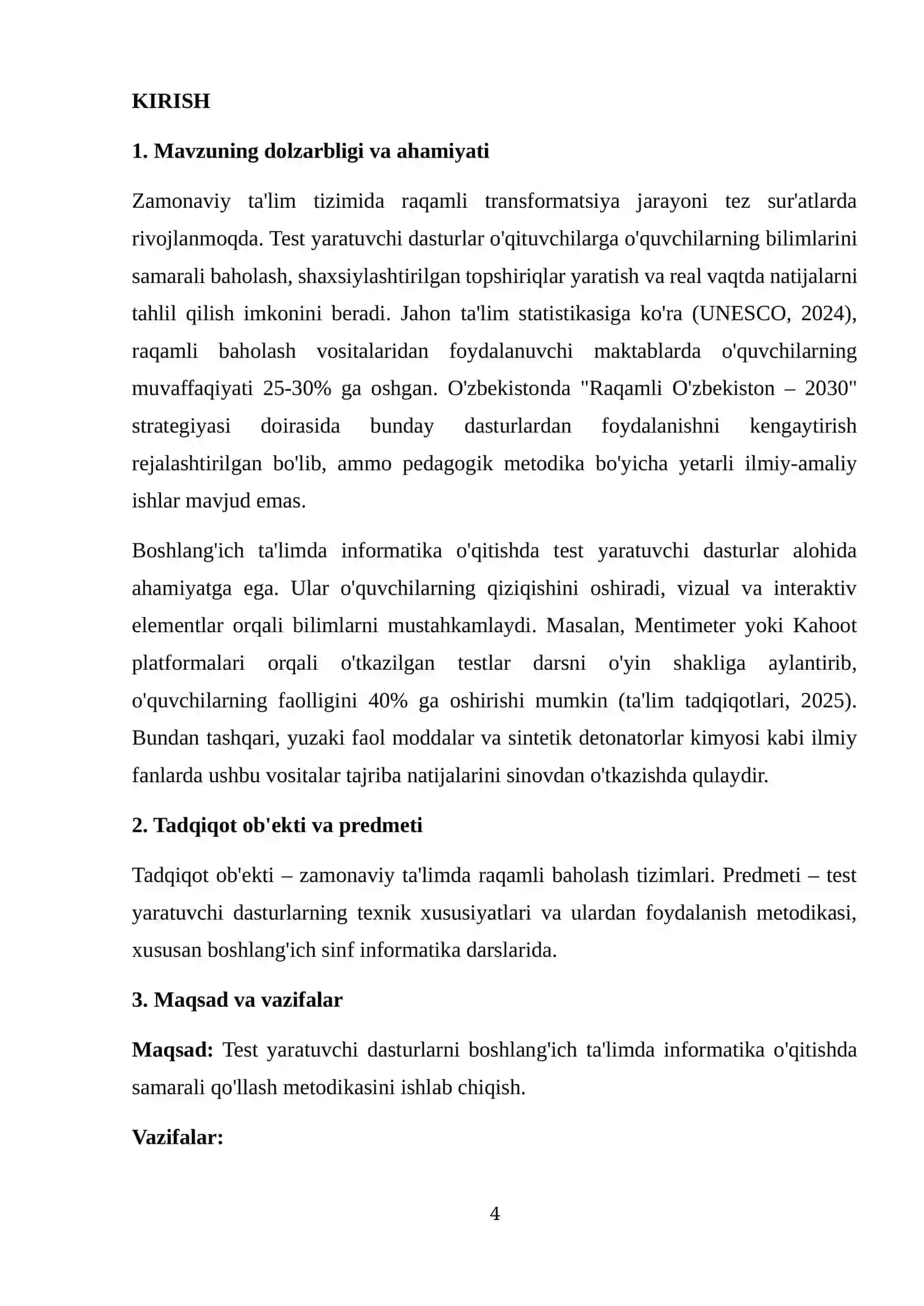 Test yaratuvchi dasturlar va ulardan foydalanish metodikasi kurs ishi 4