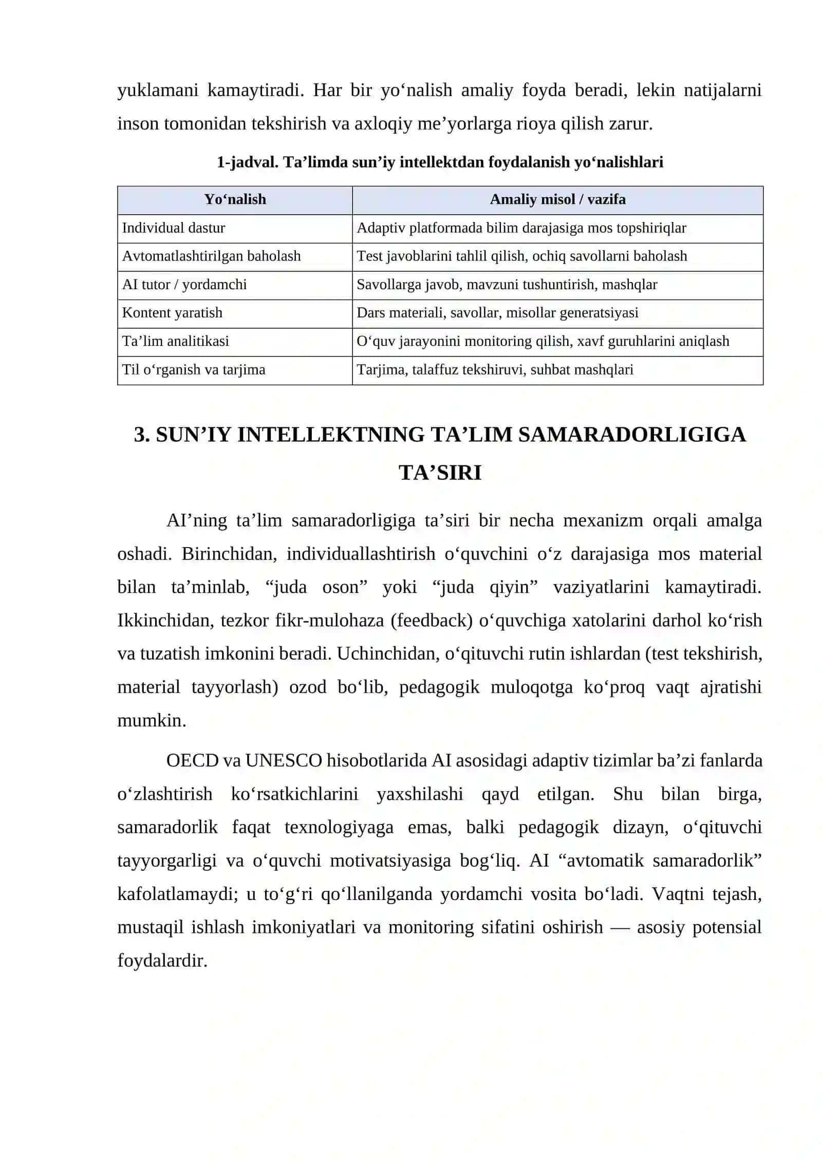 SUN’IY INTELLEKT TEXNOLOGIYALARINING TA’LIM TIZIMIDAGI O‘RNI VA SAMARADORLIGI 4