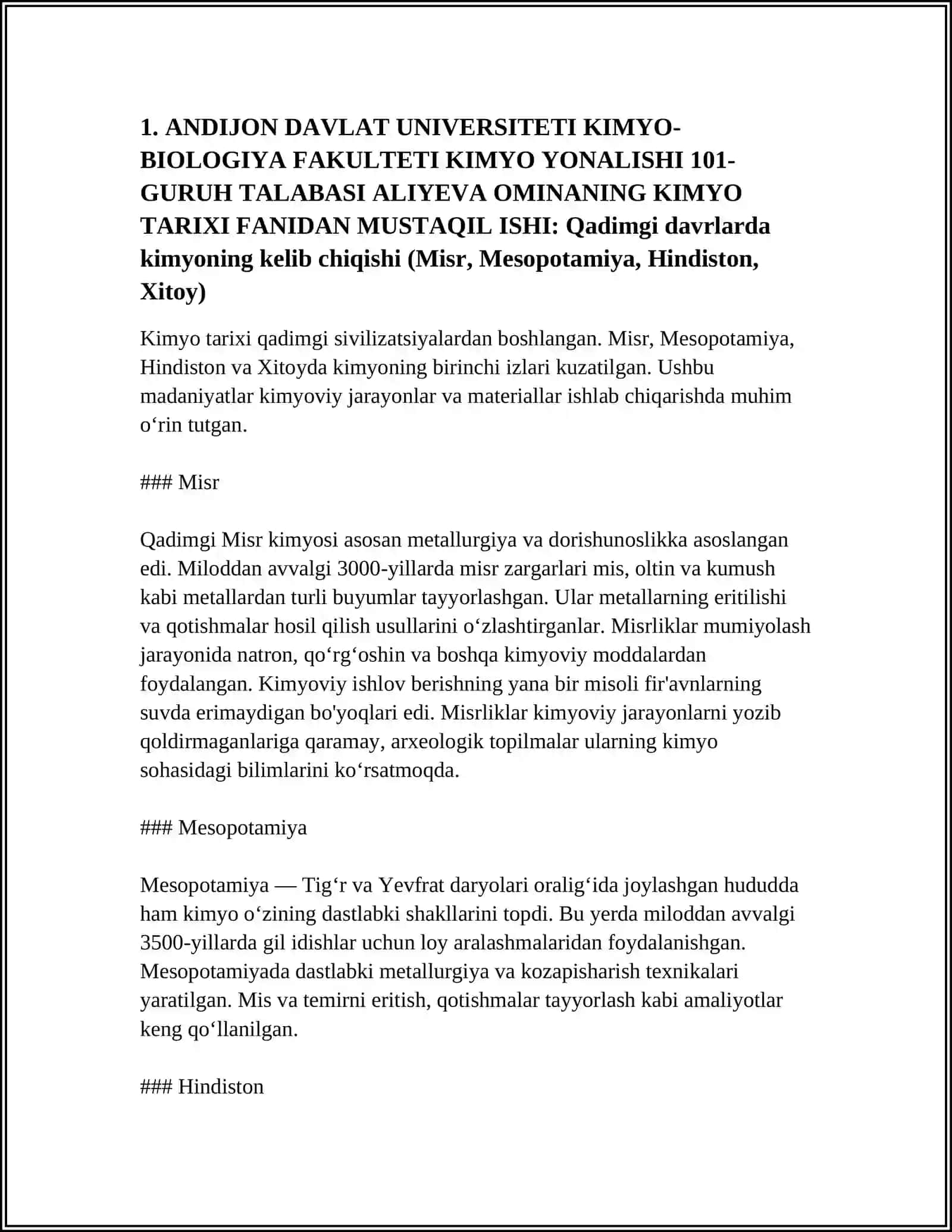 ANDIJON DAVLAT UNIVERSITETI KIMYO-BIOLOGIYA FAKULTETI KIMYO YONALISHI 101-GURUH TALABASI ALIYEVA OMINANING KIMYO TARIXI FANIDAN MUSTAQIL ISHI 4