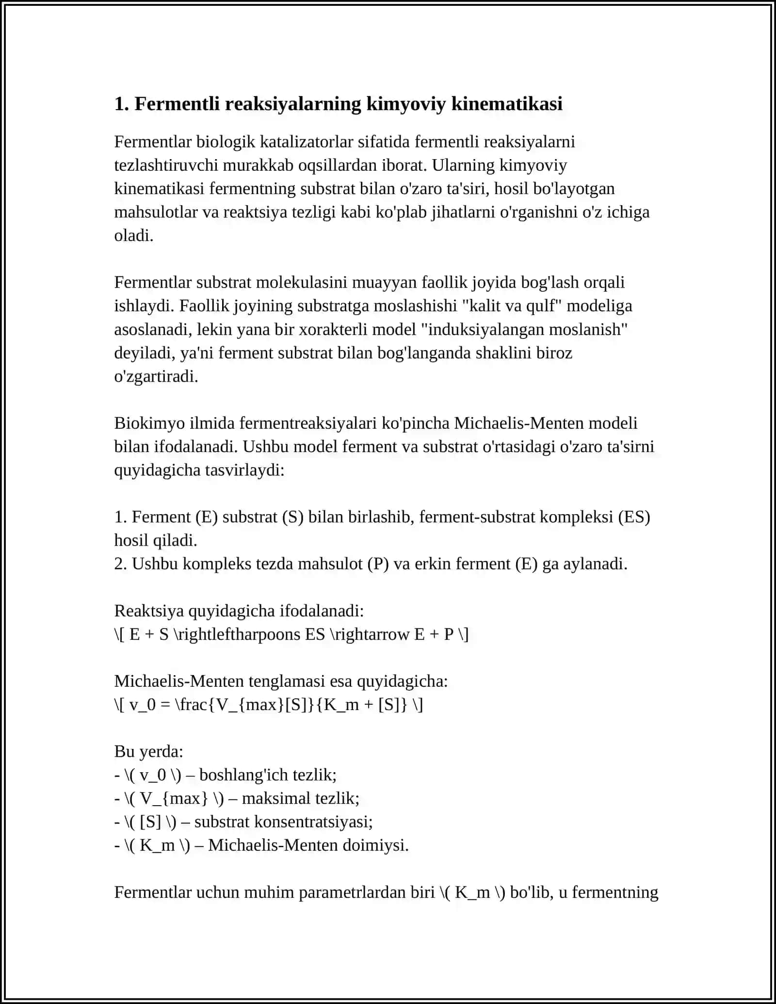 FERMENTLI REAKSIYALARNING BOSHLANG'ICH TEZLIGI VA UNI ANIQLASH USULLARI 4
