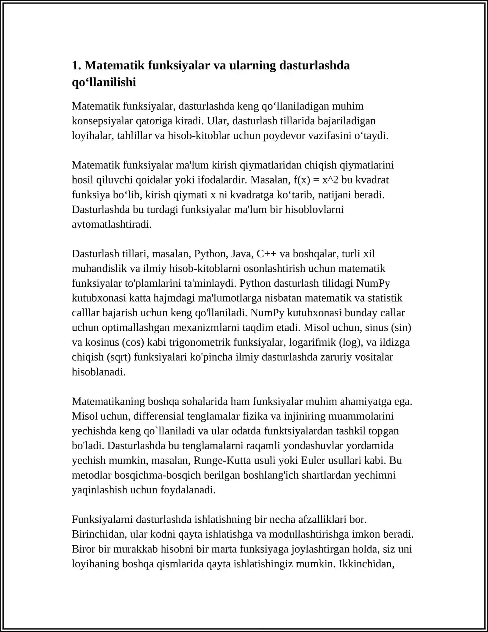 CHIZIQLI DASTURLAR TUZISH. MATEMATIK FUNKSIYALARINING DASTURLASH TILIDAN FOYDALANISH 4