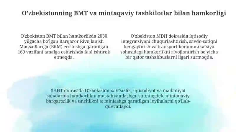 O‘zbekistonning xalqaro tashkilotlar bilan hamkorlik aloqalari 4